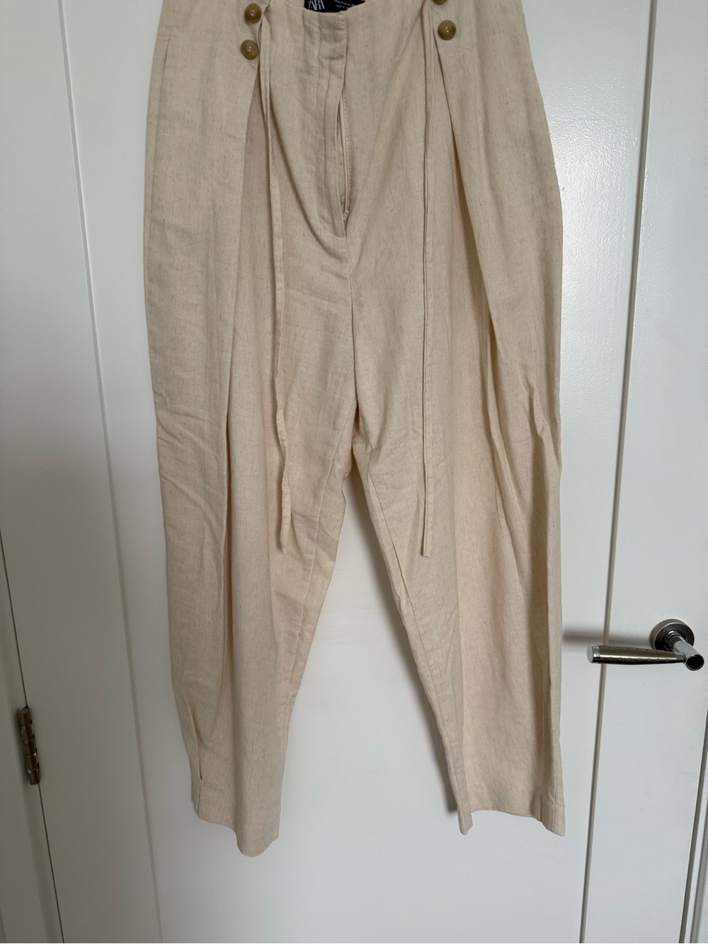 Zara Cream High-Waist Cropped Linen Blend Pants